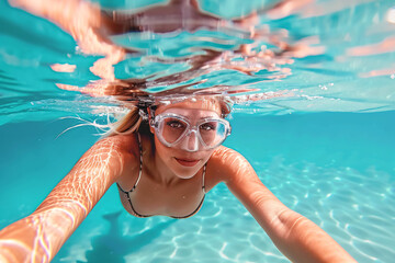 Fototapeta premium Young woman swimming underwater in the sea at the day time. Healthy lifestyle concept