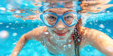 Naklejka premium Woman swimmer in goggles swimming in pool with splashes of water.