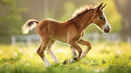 Energetic Baby Horse Frolicking in a Sunlit Meadow - Joyful Equine Freedom in Nature