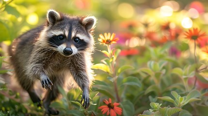 Curious Baby Raccoon Delightfully Explores Sunlit Garden with Vibrant Colors and Warm Light