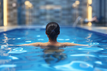 Woman swimmer in pool with splashes of water.