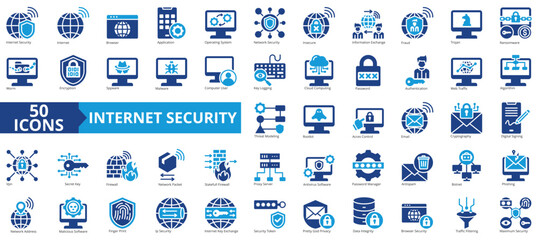 Internet security icon collection set. Containing internet, browser, application, operating system, network security, insecure, information exchange icon. Simple flat vector