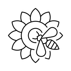 Honey bee on flower, line icon. A worker bee collects pollen on a sunflower. Honey production, beekeeping, apiculture concept. Linear illustration, editable strokes, minimalist symbol