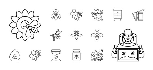 Beekeeping, icon set - queen bee, a worker bee, hive, comb, sunflower, flowers, field. Honey production, beekeeping, apiculture concept. Linear illustration, editable strokes, minimalist symbol