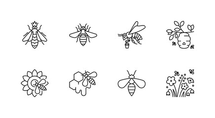 Honey bee icon set - queen bee, a worker bee, hive, comb, sunflower, flowers, field. Honey production, beekeeping, apiculture concept. Linear illustration, editable strokes, minimalist symbol