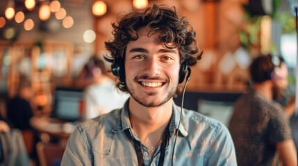 Obraz premium Portrait of a call center worker accompanied by his team, featuring a smiling customer support operator at work.