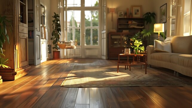 A digitally generated image of a living room with a warm wooden floor, adorned with contemporary furniture and bathed in soft natural light