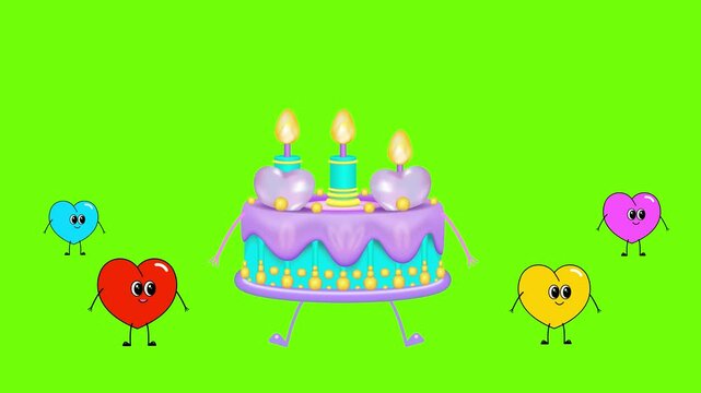 A birthday cake with three candles. Background chromakey.