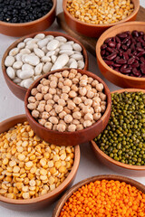 Various dried legumes, lentils, chikpeas, beans assortment