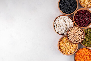 Various dried legumes, lentils, chikpeas, beans assortment