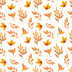 Seamless pattern with autumn leaves and red berries on white background, design for fabric, wallpapers