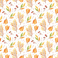 Seamless pattern with autumn leaves and red berries on white background, design for fabric, wallpapers