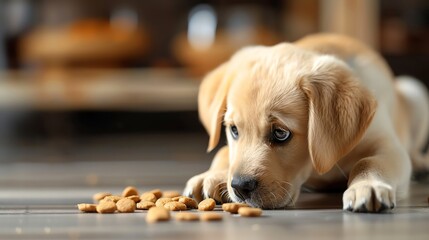 Adorable puppy lying down on the floor, curiously inspecting scattered dog biscuits. Cozy indoor setting, soft lighting, cute expression.
