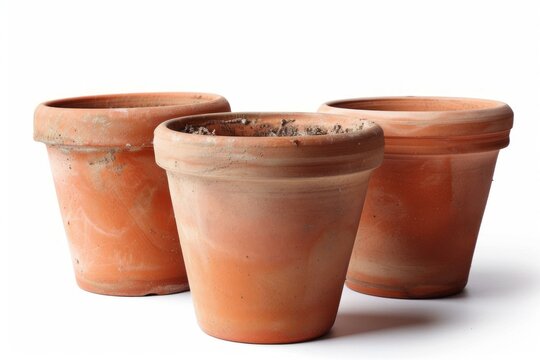 Trio of empty clay pots against a white background, perfect for gardening themes