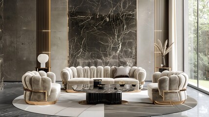 A luxurious modern living room with plush velvet sofas and marble accents, exuding elegance and sophistication