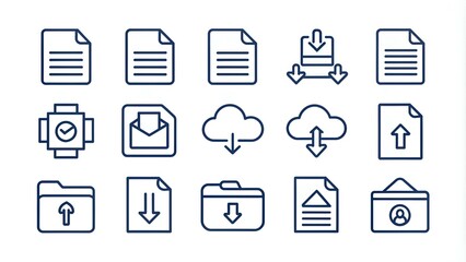Download icon set. Containing upload, document, link, download file, folder, data and PDF icons. Solid icon collection. Vector illustration.
