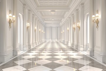 Fototapeta premium Grand palace interior with marble floors, ornate columns, and opulent chandeliers, exuding luxury and elegance.