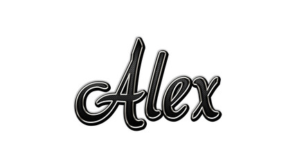 black metal 3d design of name Alex on white background.