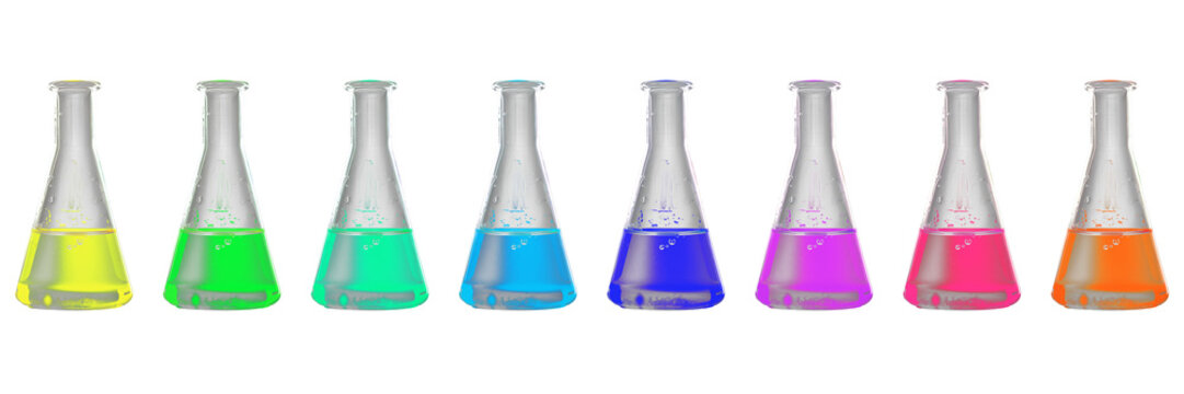 Glass Erlenmeyer flasks with colorful liquids on transparent background. Copy and paste to any background color