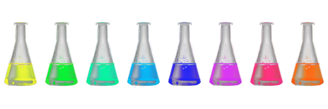 Glass Erlenmeyer flasks with colorful liquids on transparent background. Copy and paste to any background color