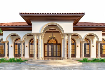 Obraz premium Majestic villa with grand entrance, classical architecture, and golden sunset light creating a regal and inviting ambiance.