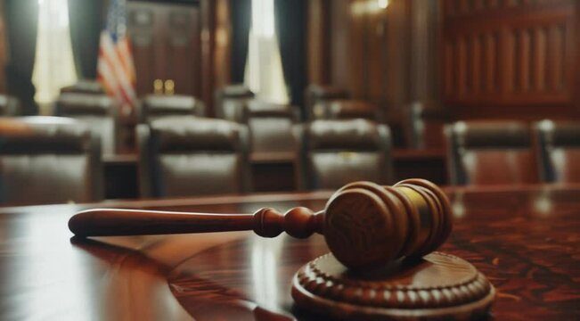 Judge's Gavel Placed on Empty Courtroom Table with American Flag in Background