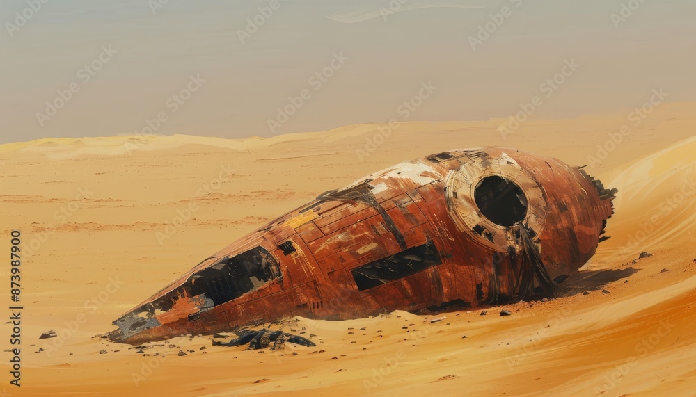 Wall mural abandoned spaceship half buried in desert sands under a warm, hazy sky, creating a surreal scene