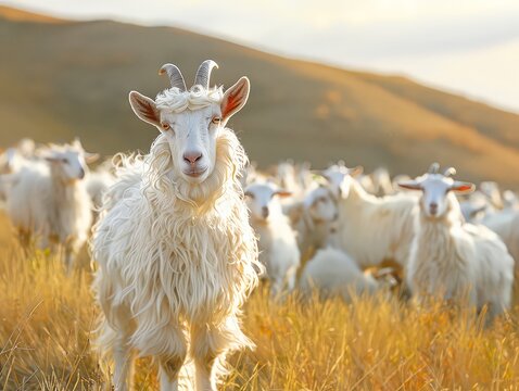 angora goats grazing on a hillside, producing soft mohair fiber