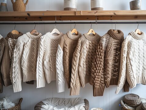 Beautiful handcrafted sweaters made from farm yarn, displayed for sale.