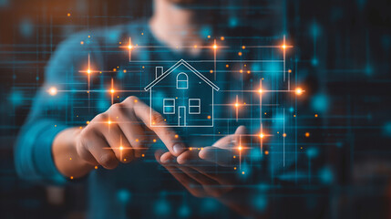 Real estate investment concept. Man touch virtual house icon for analyzing mortgage loan home and insurance real property mortgage. interest rate, Investment planning, business real estate