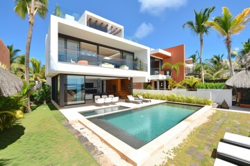 Fototapeta premium Elegant outdoor lounge area with plush seating, lush plants, and natural light creating a sophisticated and serene retreat.
