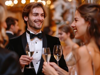elegant cocktail party with well-dressed guests, held in a lavish setting.