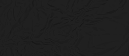black wrinkly backdrop paper background. panorama black grunge wrinkly paper texture. black crumpled and top view textures can be used for background of text or any contents.	