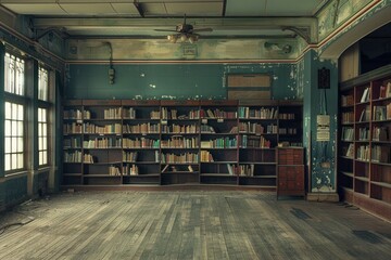 Obraz premium Dusty, forgotten room with bookshelves full of old books, capturing the essence of decay
