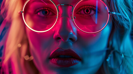 Close-up portrait of a beautiful young blonde woman with red lips wearing glasses, holding bitcoins. This image represents the concept of cryptocurrency, highlighted with creative neon lighting.