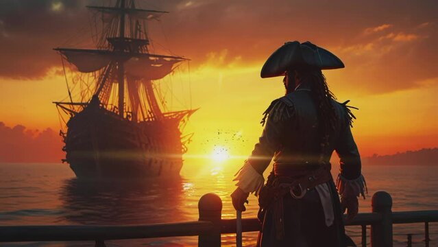 A pirate enjoying the sunset view, smooth 4K virtual video animation background