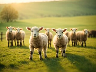 Obraz premium cute little lambs on fresh spring green meadow during morning