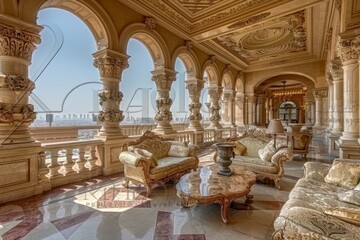 Elegant balcony with ornate arches and comfortable seating, overlooking a beautiful cityscape, creating a serene and sophisticated outdoor space.