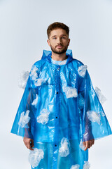 A man stands in a blue plastic raincoat decorated with plastic bags.