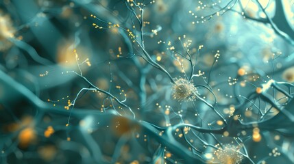 Detailed 3d microbiology visualization of nerve cell network with generous copy space