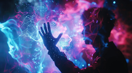 A person's hand reaches out to a blue and pink holographic display with a network of lines