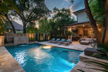 Fototapeta premium Luxurious backyard oasis architecture furniture building.