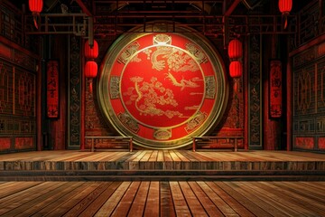 Majestic round chinese door with dragon motif in a classic wooden interior illuminated by red lanterns