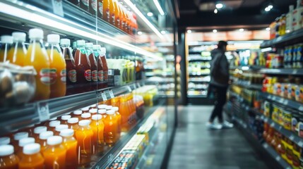 Obraz premium Bottles of juice in a refrigerator at a grocery store