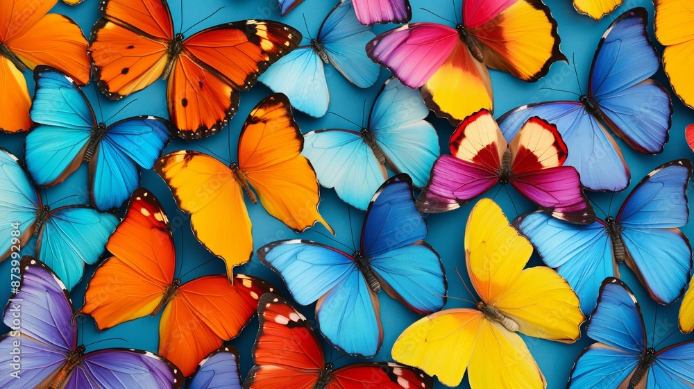 Wall mural a colorful butterfly pattern with many different colored butterflies. the butterflies are arranged i