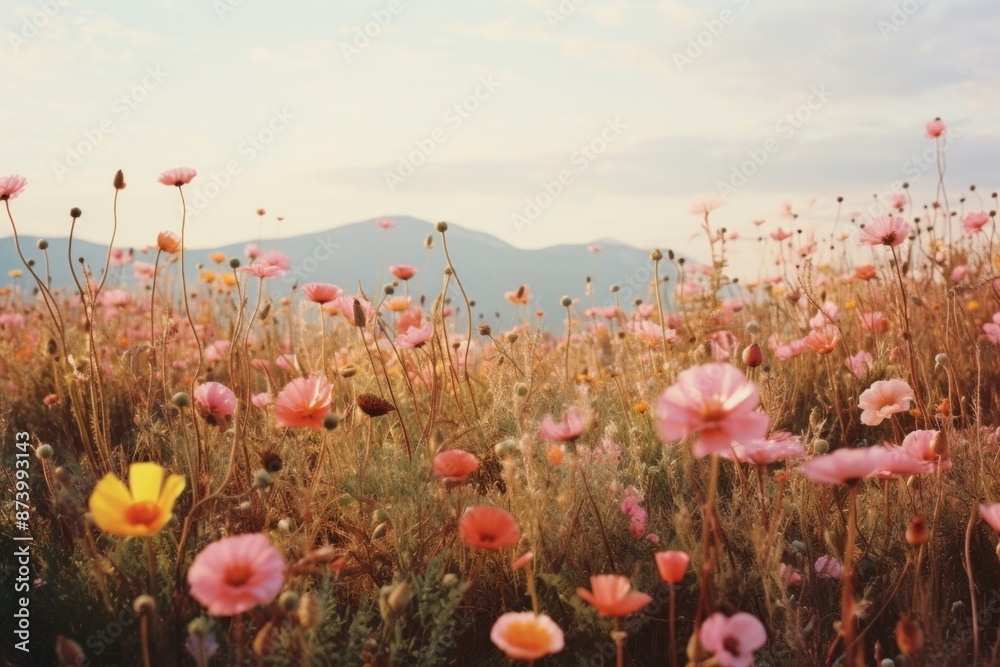 Wall mural Flower field landscape grassland.