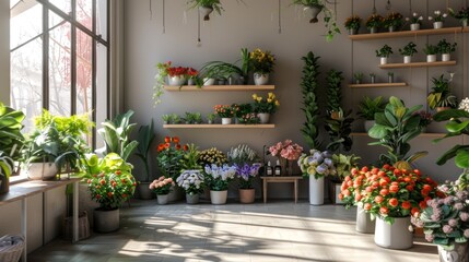 A Sunlit Florist Shop with Abundant Greenery
