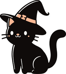 cute black cat with witch hat vector illustration