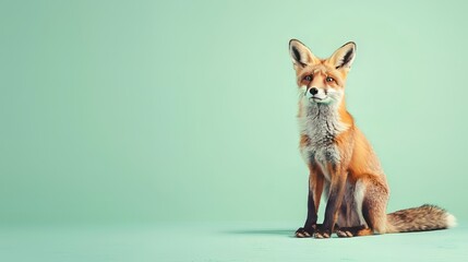 Fototapeta premium A majestic red fox sits on a green background, looking off to the side with curiosity and grace.