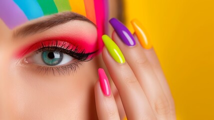 A woman with colorful nails and makeup. The makeup is bright and colorful, and the nails are painted in a rainbow of colors. The woman's eyes are also painted with a bright blue color